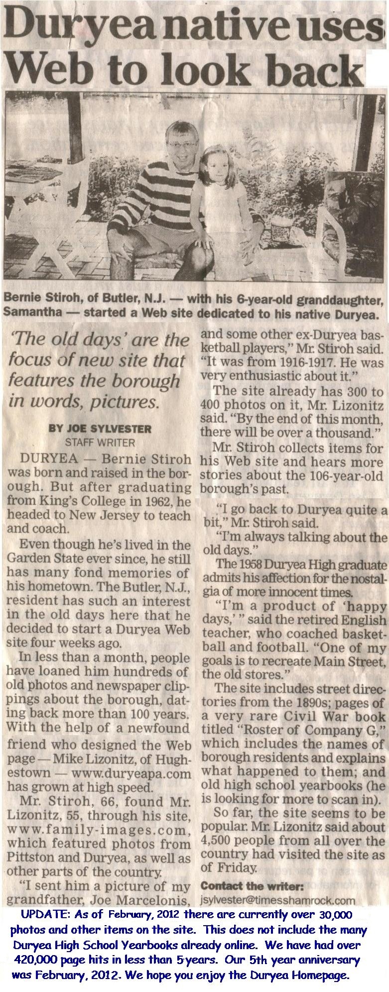 www.duryeapa.com Article about Bernie Stiroh and the Duryea PA Website